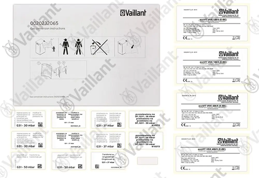 Gasumbauanleitung von Vaillant mit Illustrationen und technischen Daten für verschiedene Gasarten, einschließlich Informationsblätter für den Einsatz.